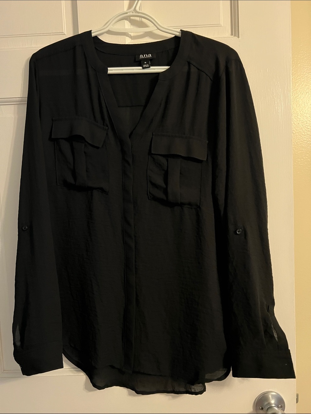 a.n.a Black V-Neck Long Sleeve Blouse with Chest Flaps